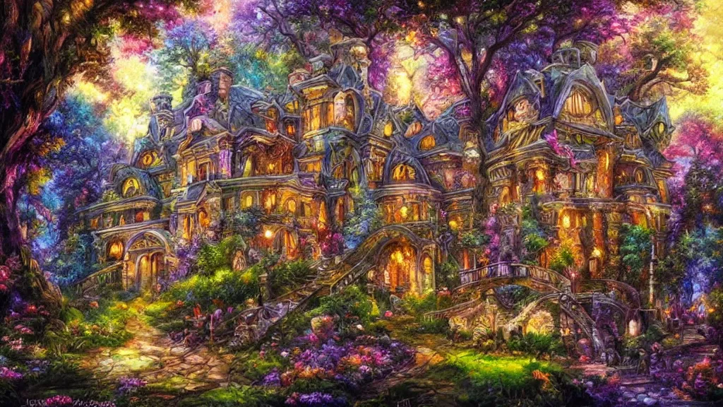 Prompt: Beautiful mansion in the woods” Beautiful Dreamscape, Digital art, concept art, detailed, lovely colors, Art station,3-D 4K, beautiful background, matte painting, Josephine wall,