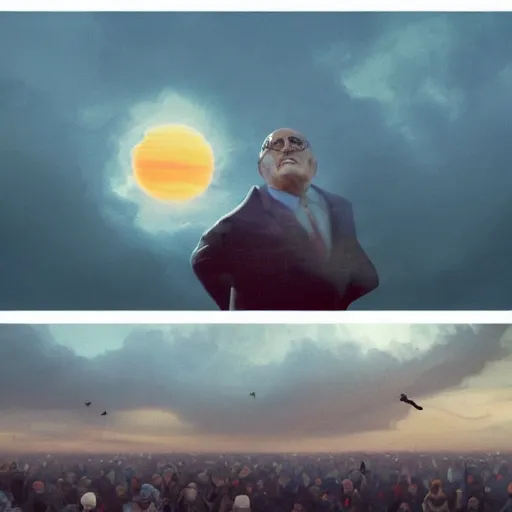 Image similar to the disembodied head of rudy giuliani is floating in the sky and covering the sun. the sky is orange. people on the ground are running away out of fear. a rotoscoped image, comedy, ( ( concept studio ghibli ) ) ( ( by greg rutkowski ) )