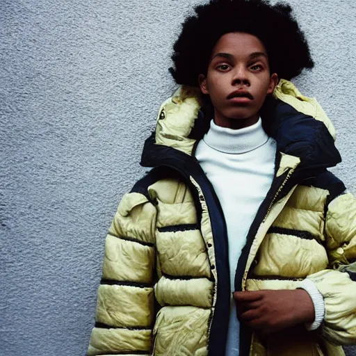 Image similar to realistic! photoshoot for a new balenciaga lookbook, color film photography, portrait of a beautiful woman wearing a puffer jacket, photo in style of tyler mitchell, 35mm