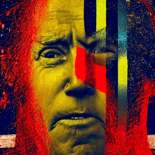 Prompt: portrait of asphalt face, joe biden, primary colors, faceted reflections, angry looking at camera, lasers shooting out of eyes, outdoor, black sky, 8 k, realistic, depth of field, highly detailed, award winning photography.