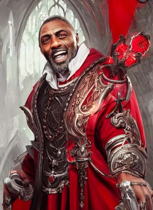 Image similar to a highly detailed illustration of idris elba as a sadistic white haired priest wearing red and white robe, dramatic smiling wielding blade of blood pose, gothic church background, intricate, elegant, highly detailed, centered, digital painting, artstation, concept art, smooth, sharp focus, league of legends concept art, wlop