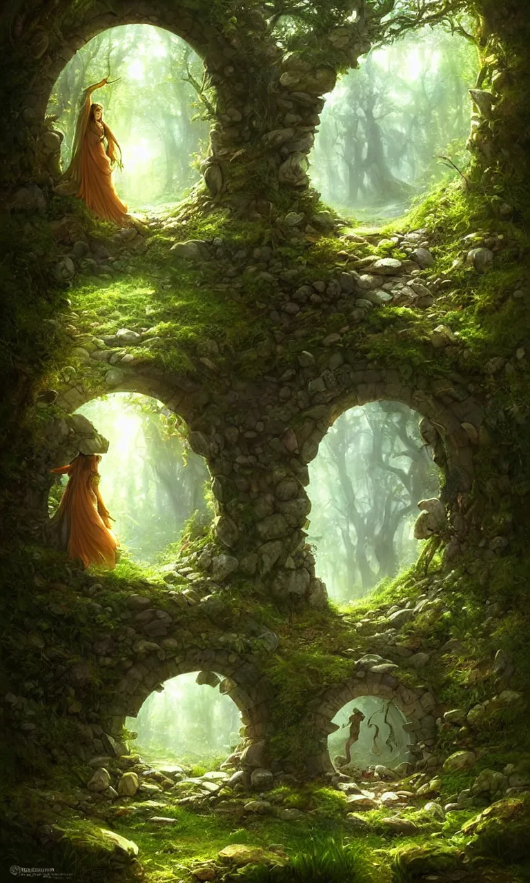 Image similar to Fantasy Magical fairy-tale stone portal in the forest. Round stone portal teleport in trees to other worlds. Fantastic landscape. Magic Altar in the fores, highly detailed, digital painting, artstation, concept art, smooth, sharp focus, illustration, art by artgerm and greg rutkowski and alphonse mucha