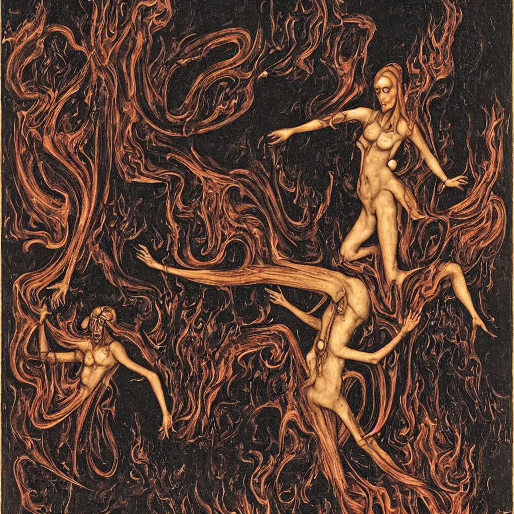 Prompt: a graceful detailed demon ballerina leaving a trail of smoke in a pool of lava by h. r. giger, by hans memling