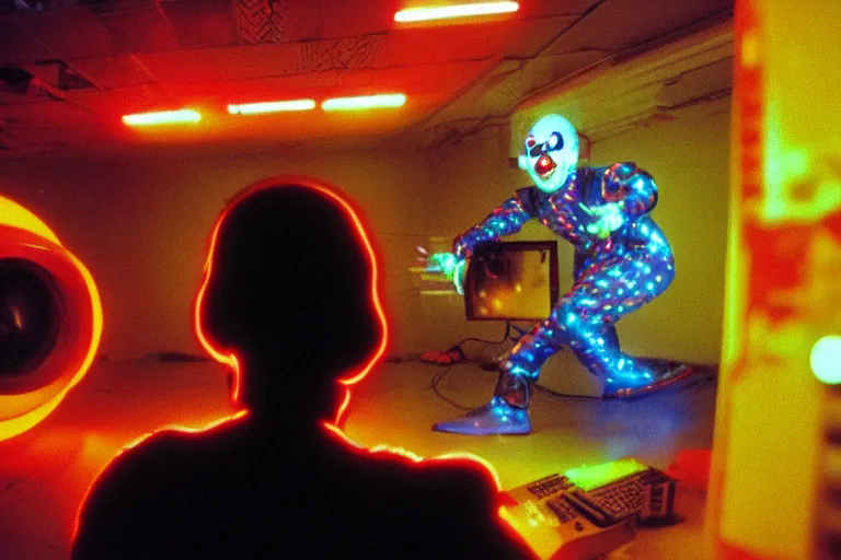 Image similar to friendly cyborg - clown emerging from a space portal in cyberspace, fractal, in 1 9 8 5, y 2 k cutecore clowncore, bathed in the glow of a crt television, crt screens in background, low - light photograph, in style of tyler mitchell
