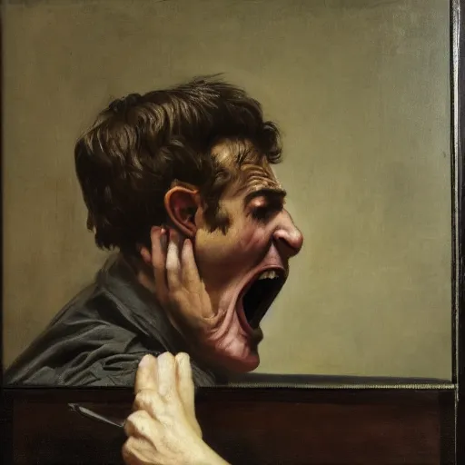 Image similar to an angry man yells at his computer monitor, oil on canvas, 1 8 8 3, highly detailed