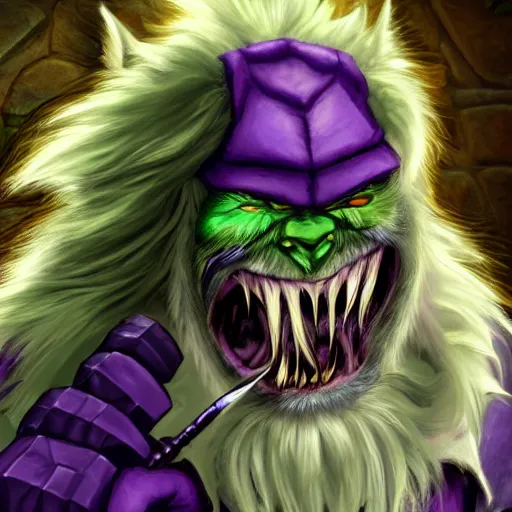 Image similar to super detailed portrait of a of a Dungeons and Dragons bugbear with green hair and purple eyes he looks angry at his knife, Fantasy, 4k, HD, DnD