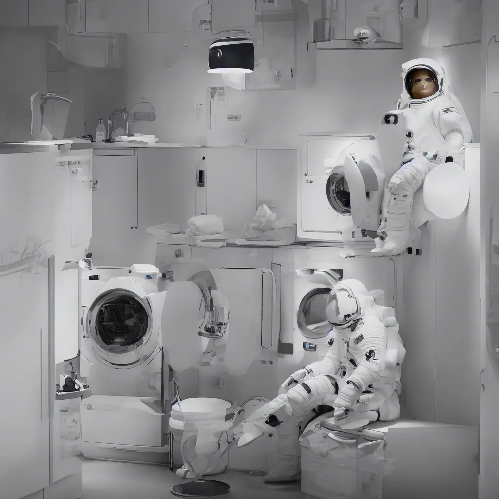 Image similar to a beautiful photo of an astronaut sat on a chair in an automatic laundry room, soft light, morning light, photorealistic, realistic, octane, 8k, cinematic shot