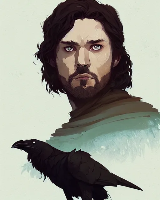 Image similar to portrait of raven male lord from game of thrones with dark hair and golden eyes, by atey ghailan, by greg rutkowski, by greg tocchini, by james gilleard, by joe fenton, by kaethe butcher, dynamic lighting, gradient light blue, brown, blonde cream and white color scheme, grunge aesthetic