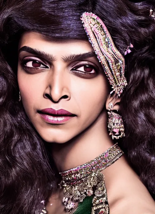 Image similar to A beautiful portrait of Deepika Padukone as a model at Versace fashion show Paris Spring/Summer 2018, highly detailed, in the style of cinematic, fashionweek backstage, makeup by Pat Mcgrath, Shot by Bruce Weber