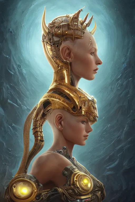 Image similar to portrait of a beautiful female hybrid cybernetic atlantean anubis elsa jean alien warrior, regal, realistic, refined, detailed, digital art, jessica rossier, michael cheval, esao andrews, steampunk, walt disney ( 1 9 3 7 ), francois boucher, oil painting, highly detailed, cinematic lighting, unreal engine, 8 k, hd