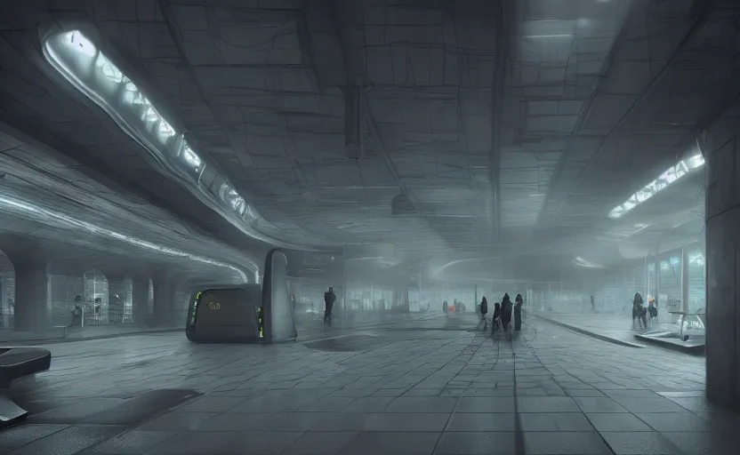 Prompt: Futuristic subway station , gloomy and foggy atmosphere, octane render, artstation trending, horror scene, highly detailded