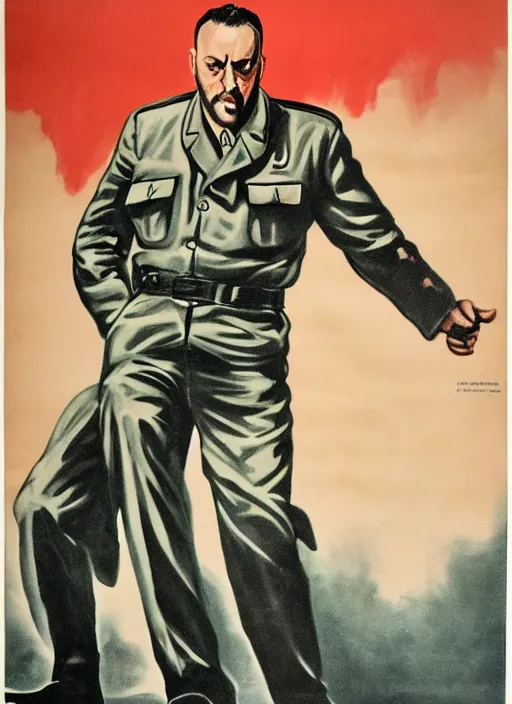 Image similar to Portrait Jean Reno gesture,look of hate, threatening pose, 1940s propaganda poster, full hd,highly detailed