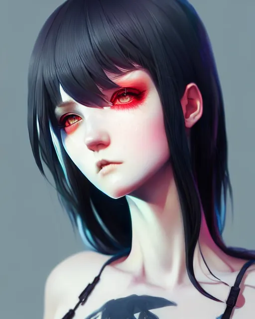 Image similar to full very close up neck shot of a beautiful loner girl, in tshirt, demented, russian, by saruei and guweiz and ilya kuvshinov and range murata, digital art, highly detailed, intricate, sharp focus, trending on artstation hq, deviantart, pinterest, unreal engine 5, 4 k uhd image