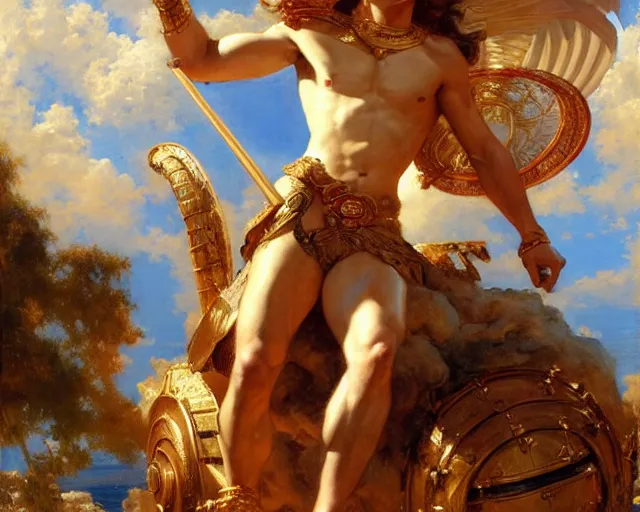 Image similar to attractive apollo greek god, riding his fire chariot. highly detailed painting by gaston bussiere, craig mullins, j. c. leyendecker 8 k