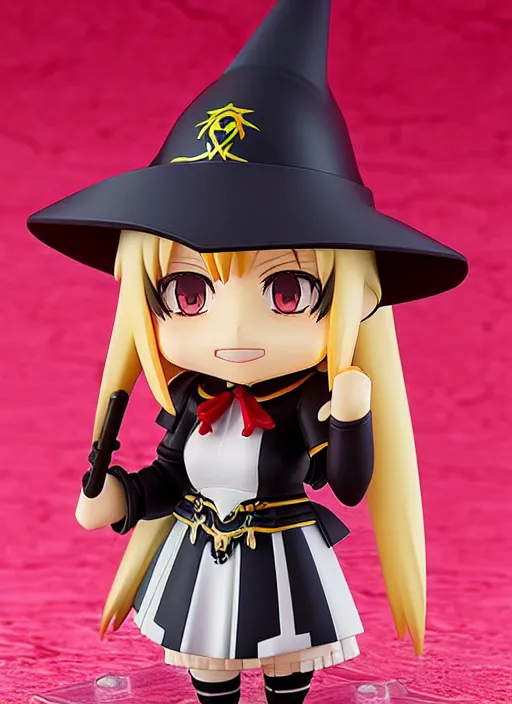 Image similar to nendoroid anime beautiful female witch with long blonde hair and a sword in her hands, red eyes, pretty symmetrical face, fullbody, black and red armor, magic, anime, nendoroid, magical, motes of light