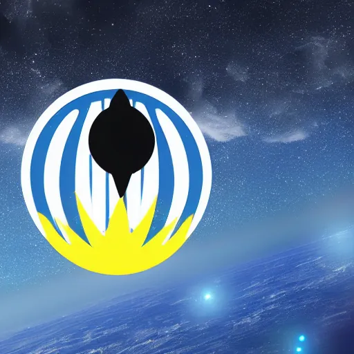 Image similar to Drupal logo fly on a spaceship to space with moon in the background, photorealistic