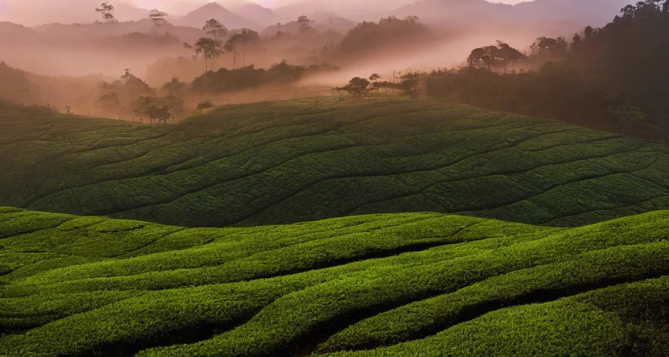 Image similar to Photo of tea plantation of Cameron Highlands with rolling mountain at the background, wide angle, volumetric light, fog, mist, morning, hyperdetailed, light water, artstation, cgsociety, 8k