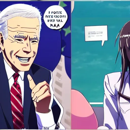 Image similar to key anime visual of joe biden and Saiki Kusuo; official media