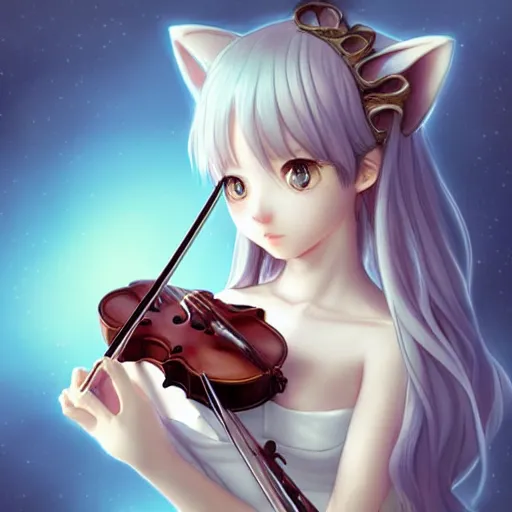 Image similar to Adorable Cat girl, Luminescent eyes, playing the violin, highly detailed, by Range Murata, artgerm, digital illustration, beautiful, concept art