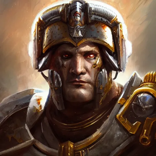 Prompt: Portrait of Warhammer 40k Primarch named Lech Wałęsa, intimidating, strong, Warhammer 40k, brown eyes, dark science fiction, intricate, highly detailed, digital painting, trending on artstation, concept art, slightly smooth, sharp focus, darker colors, RPG rulebook illustration, art by Raymond Swanland