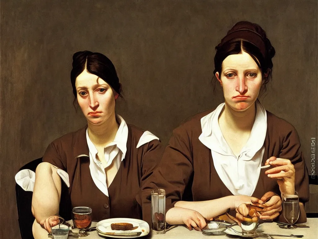 Image similar to Portrait of a sad waitress. Painting by Georges de la Tour, Lucian Freud