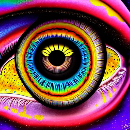 Prompt: An extremely psychedelic portrait of an eye, surreal, LSD, face, detailed, intricate, elegant, lithe, highly detailed, digital painting, artstation, concept art, smooth, sharp focus, illustration