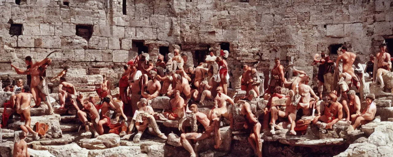 Prompt: ancient romans watching gladiators, big bowl of spaghetti!!!! coliseum architectural, minimal, canon 5 0 mm, wes anderson film, kodachrome, retro