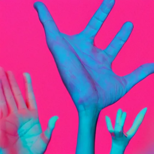 Prompt: one normal human hand, aesthetic pink and blue background