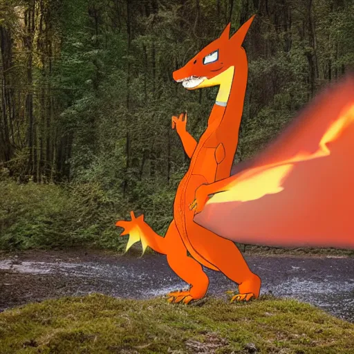 Image similar to national geographic professional photo of charizard in the wild, award winning