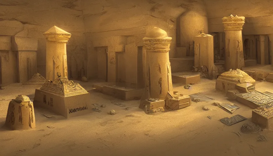 Image similar to egyptian crypt with tons of sand inside and gold coins, treasures, hyperdetailed, artstation, cgsociety, 8 k