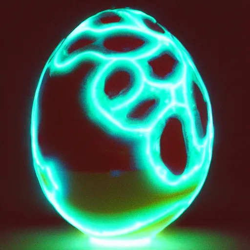 Image similar to tron dinosaur egg made up of glowing electric plates. cinestill