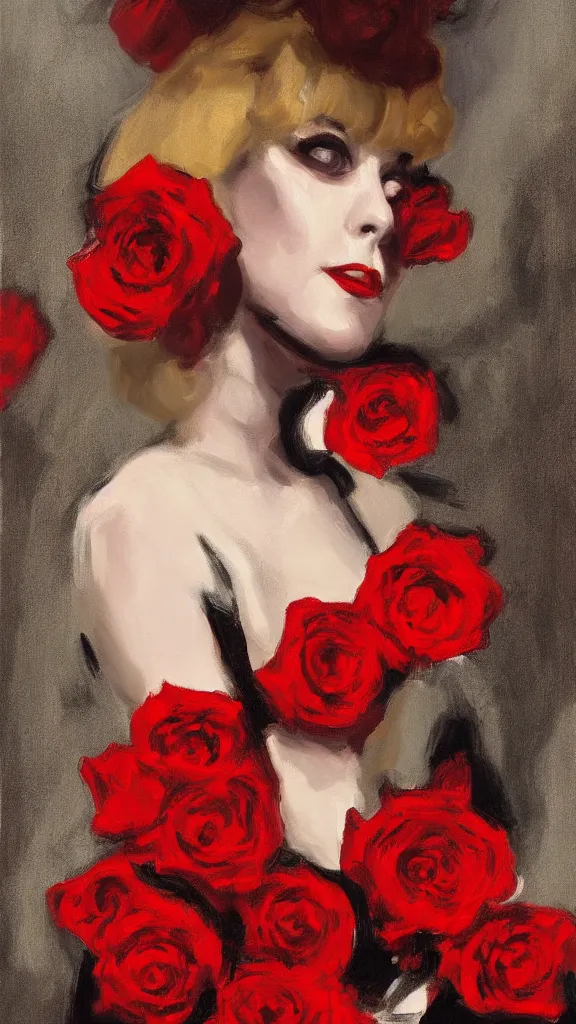 Image similar to portrait of julee cruise in lynch pattern, red roses, painted by john singer sargent