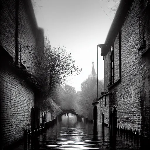 Prompt: flooded overgrown victorian london alley, highly detailed, eldritch, ominous, dawn, chilly dark mood, modern very sharp photo