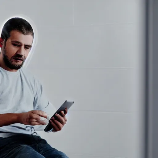 Prompt: prisoner alone in his cell setting up a video call using an ipad, photorealistic, frustrated expression, dark, restrictive firewalls