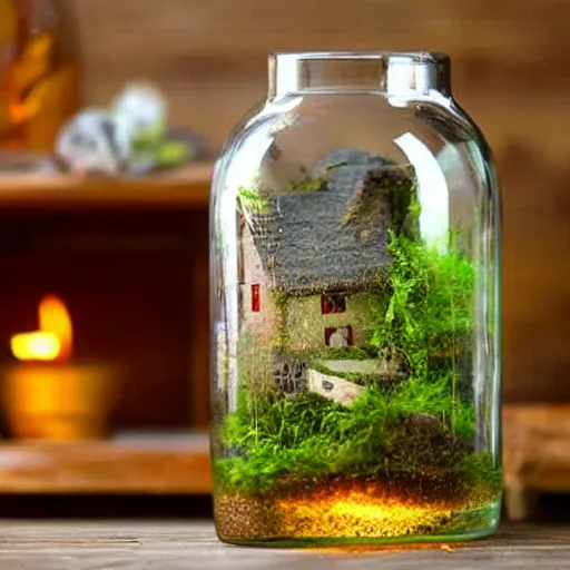 Prompt: a thunderstorm over a wooden cottage inside a terrarium bottle.