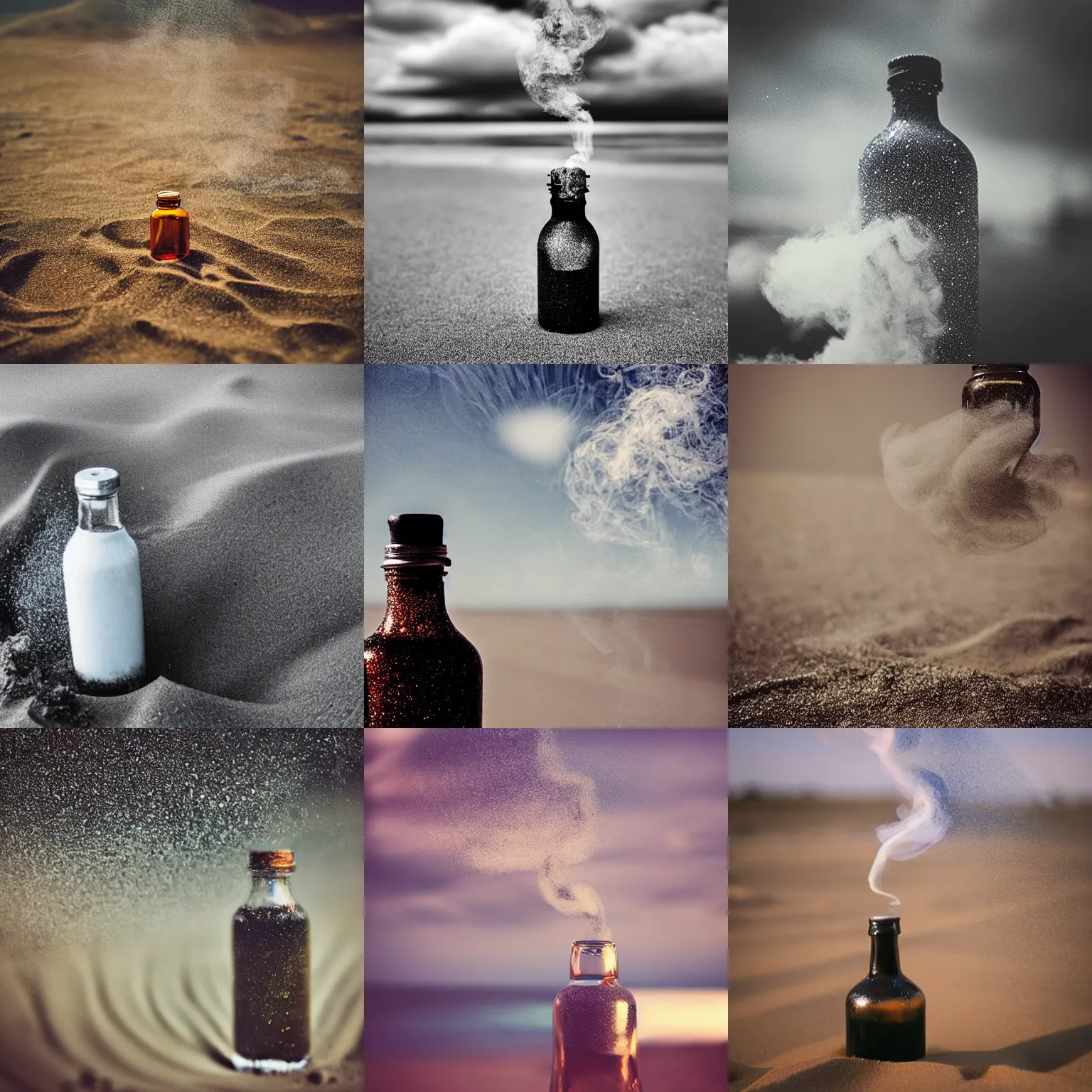 Prompt: “Magic smoke swirling out of a bottle in the sand, swirly smoke, surrounded by clouds, air particles, glitter, cinematic, 50mm lens, bokeh”