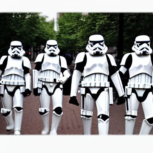 Image similar to a low - detailed picture of stormtroopers walking in amsterdam, digital art