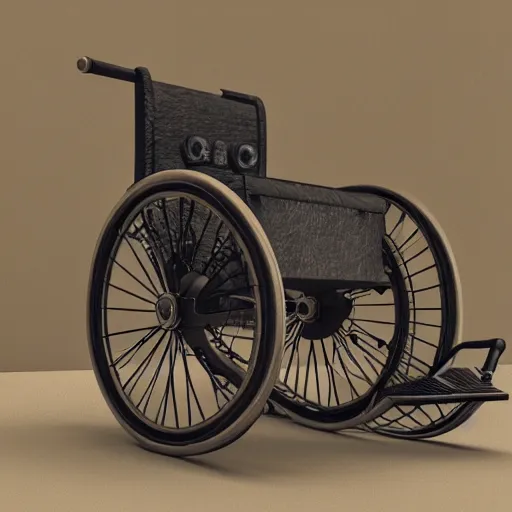 Prompt: a 3d render of a steampunk wheelchair, ultra detailed, realism, 8k, octane render, unreal engine