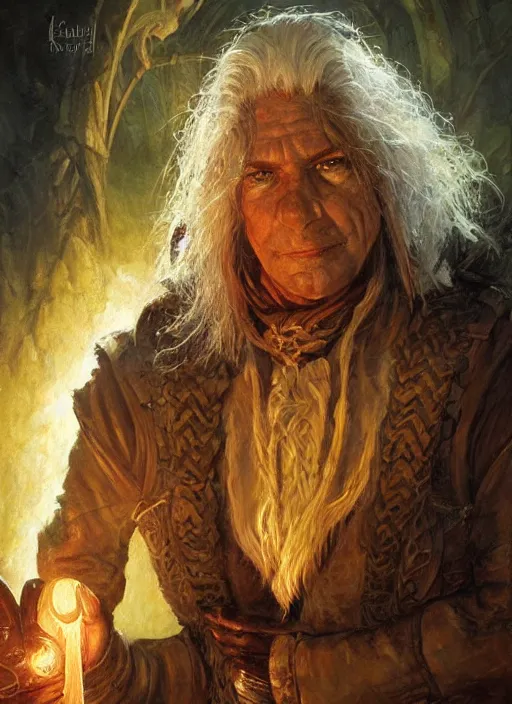 Image similar to a portrait painting of a mage hobbit, ultra detailed fantasy, dndbeyond, dnd character portrait, full body, pathfinder, pinterest, art by ralph horsley, karol bak, ed binkley