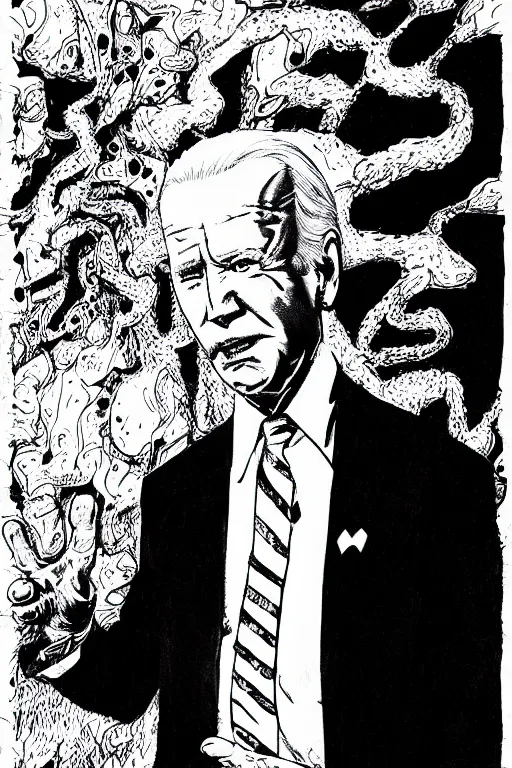 Image similar to Joe Biden full body portrait, body horror, black and white Illustration by Junji Ito