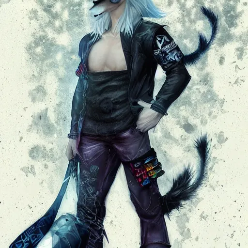 Prompt: character portrait of a shirtless fit male anthro albino wolf fursona with a tail and a cute beautiful attractive detailed furry face wearing black stylish cyberpunk pants and boots in a cyberpunk city at night while it rains. Character design by charlie bowater, ross tran, artgerm, and makoto shinkai, detailed, inked, western comic book art, 2021 award winning painting