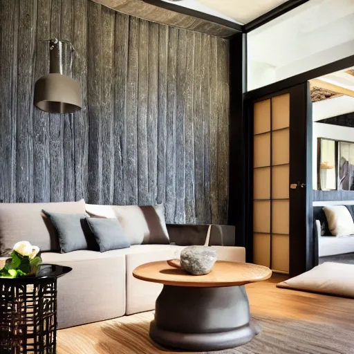 Prompt: lounge and dining room, stone, interior design, stylish luxury hotel living room design, yakisugi, black vertical slatted timber, textures, feminine, black walls, art, japanese pottery vase with flowers, kakejiku, seasonal, japanese influences