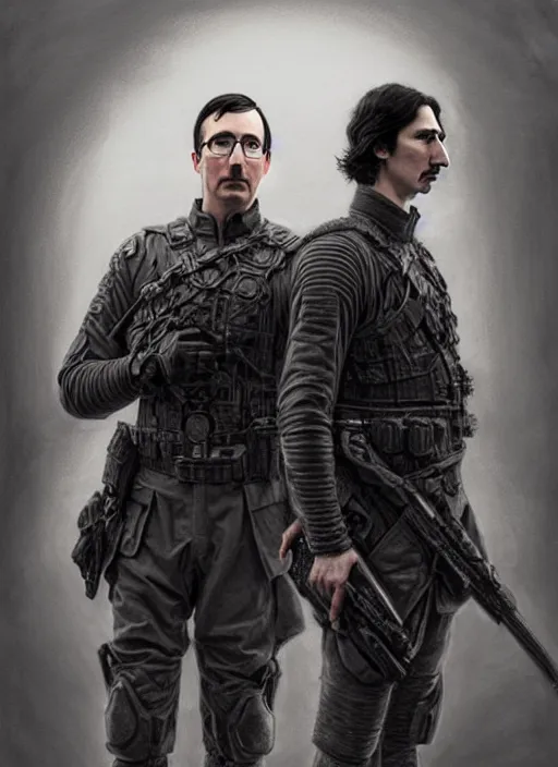 Image similar to a portrait of john oliver standing next to adam driver, stoic, military uniform, fantasy, intricate, beautiful, highly detailed, charcoal, centered, dark, smokey, digital painting, concept art, smooth, sharp focus, illustration, art by artgerm and greg rutkowski