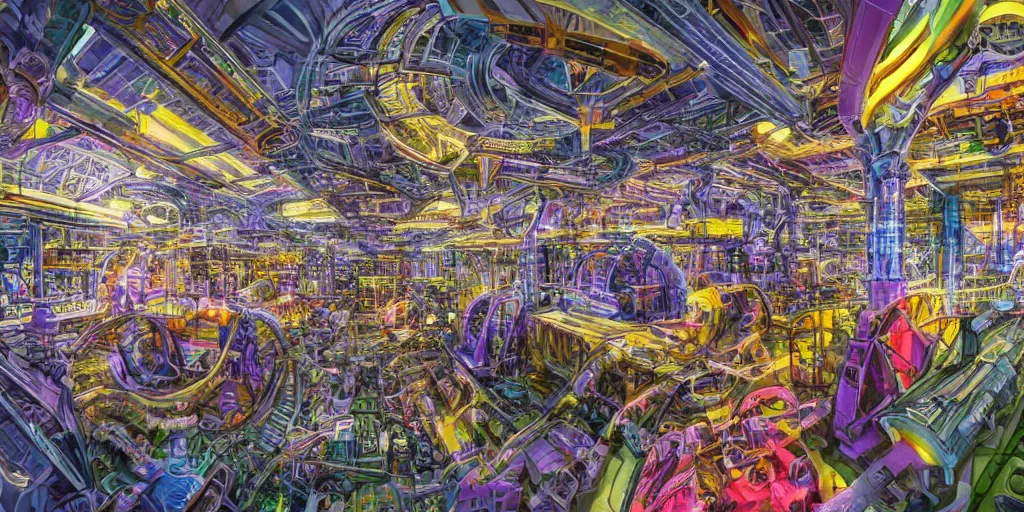 Image similar to the interior of a vast colorful futuristic industrial complex with biomechanical machinery and beautiful objects, ultra detailed, complex, intricate, emotional, exquisite, hd, perspective, digital art