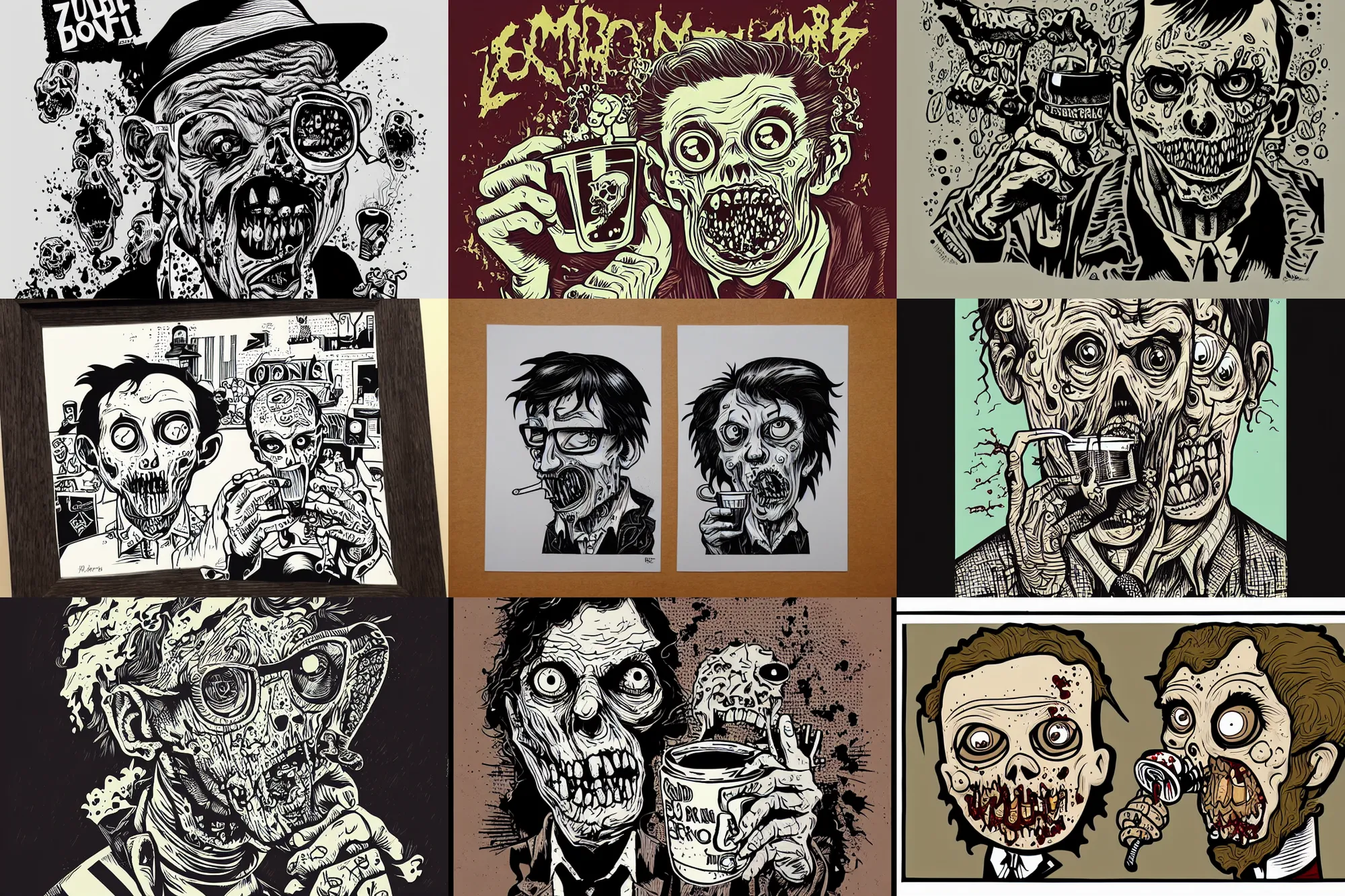 Prompt: zombie drinking brain coffee portrait by mcbess, full colour print