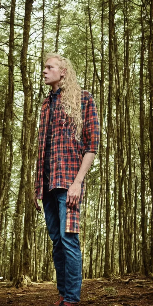 Image similar to tall!!! (((blond))) man wearing a flannel shirt in a forest, long wavy hair, long blond hair, blond, forest, trees, flannel shirt, lumbarjack, photo, low angle photo,