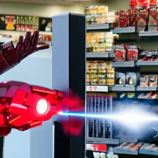 Image similar to Iron Man working as a 7/11 cashier using a red laser scanner, cash register, red laser scanner, wide wide shot, very detailed, beautiful lighting, smoke