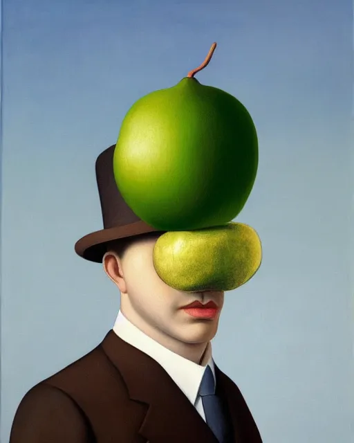 Prompt: painting of a man with a kiwifruit covering his face, wearing a bowler hat and overcoat and necktie, oil on canvas, style of Rene Magritte, by René Magritte