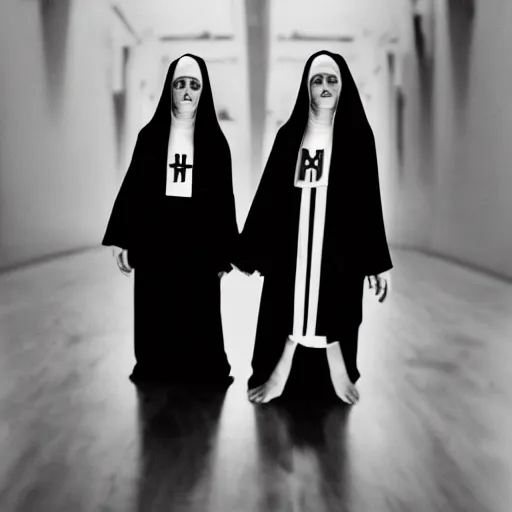 Image similar to black and white, award winning photo, levitating twin nuns, wearing pentgram necklace, Very long arms, in a sanctuary, eerie, frightening —width 1024 —height 1024