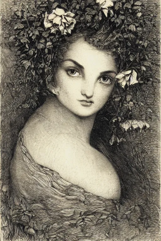 Image similar to extreme close-up portrait of a beautiful french woman from behind with flower in the head, forest background, Gustave Dore lithography